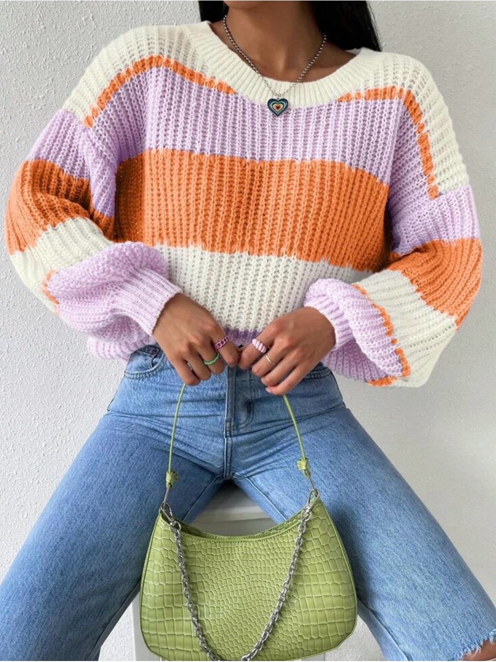 Striped Orange, Lavender & Cream Chunky Knit Sweater